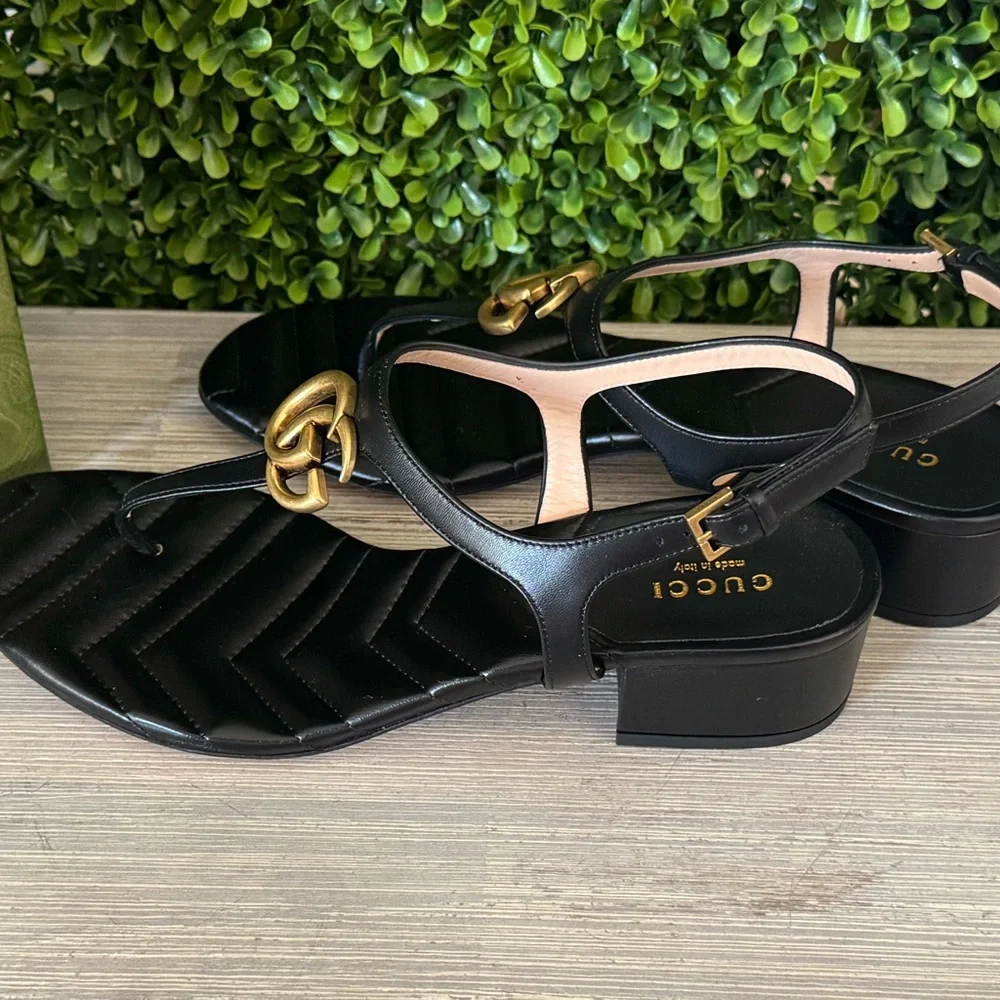 New Gucci Marmont Black Leather GG Sandals - Picture 8 of 9